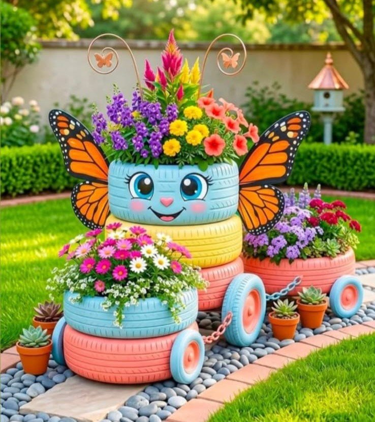 Upcycled tyre butterfly train flower planter